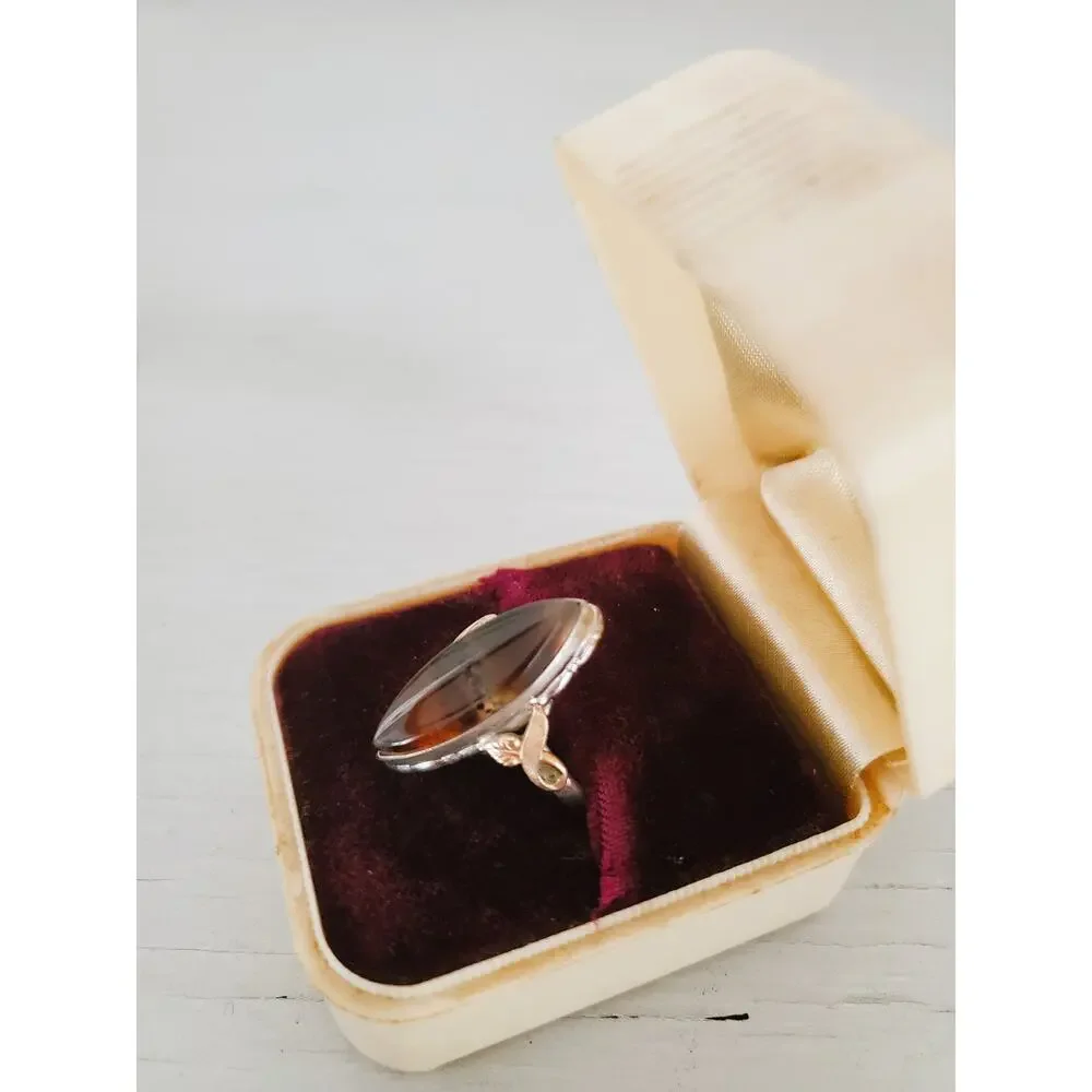 Vintage Clark & Coombs Sterling Silver and 10K Gold Filled Agate Ring - Picture 2 of 6